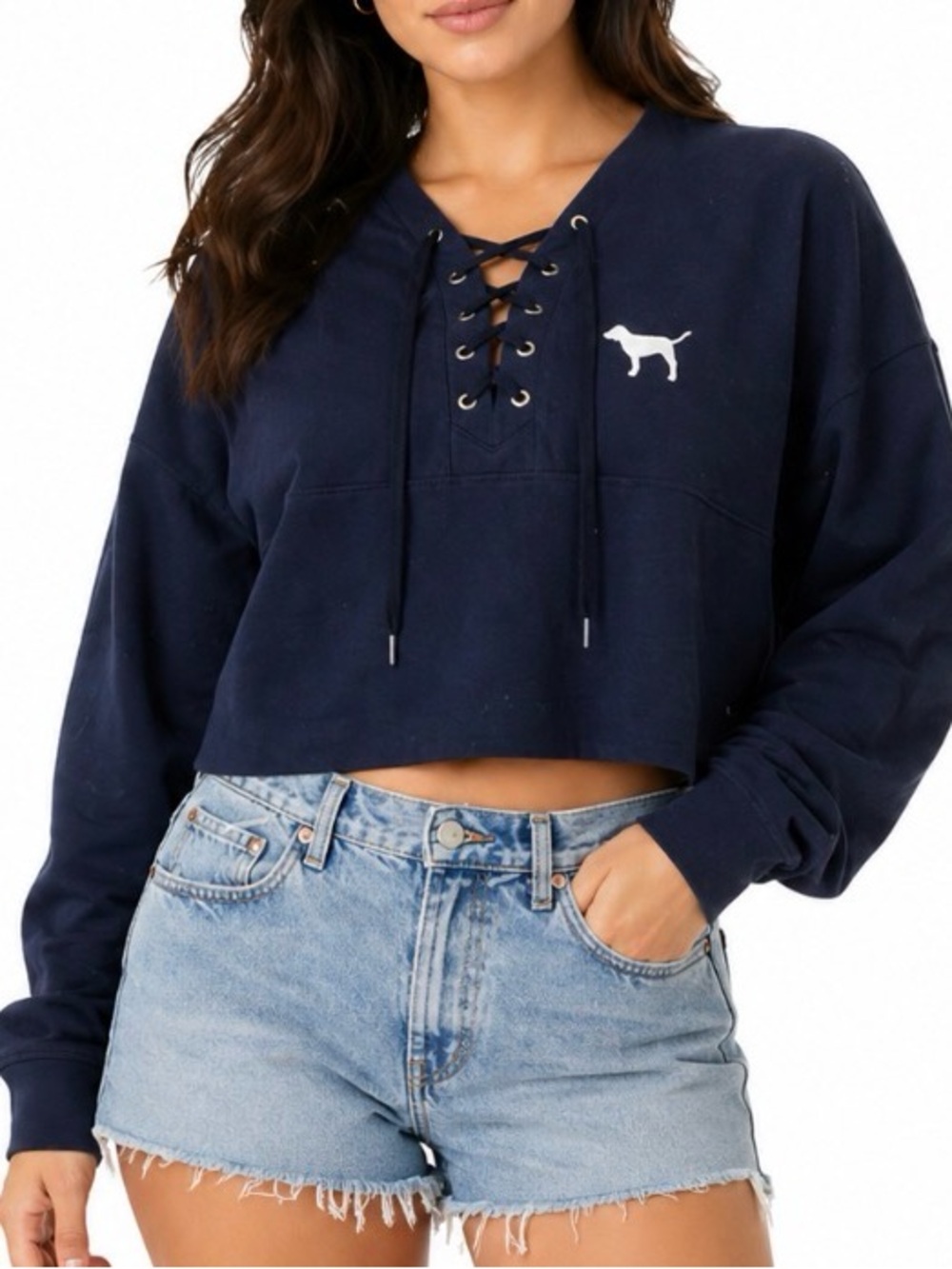 Victoria's Secret Love Pink sweatshirt cropped black white spell out lace up SM